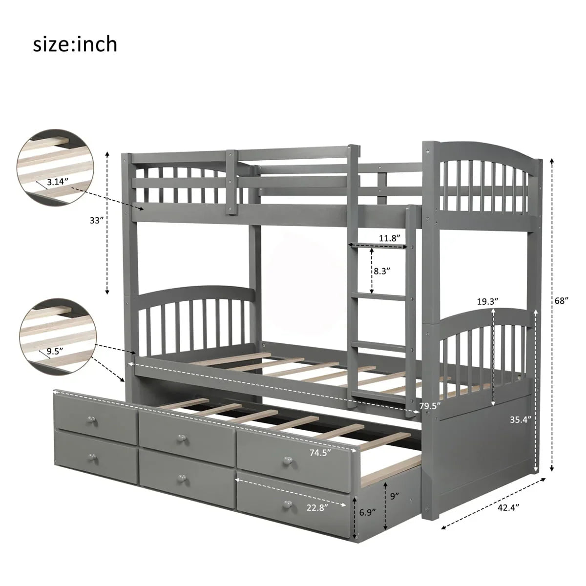 2026 NewTwin-Over-Twin Bunk Bed with 3 Storage Drawers, Twin Bunk Bed Frame with Ladder & Safety Rail, Pinewood Trundle Bunk Bed for Teen Bedroom, Guest Room Furniture, Can be Convertible to 2 Beds, Gray