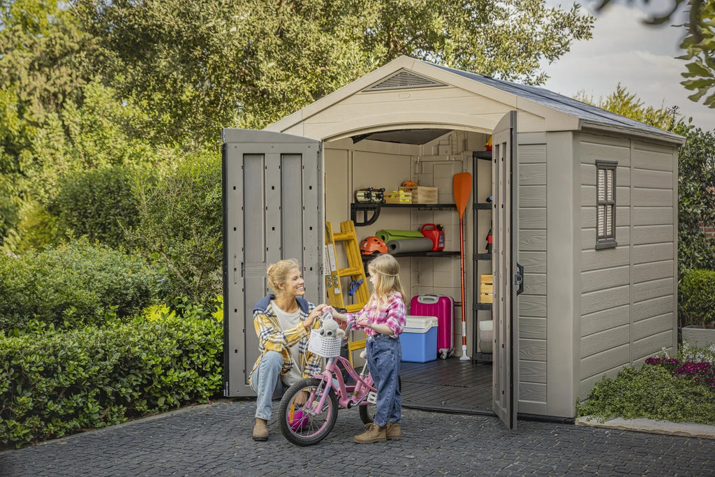 2026 NewKeter Factor 8 x 11 Foot All Weather Resin Outdoor Storage Shed, Taupe