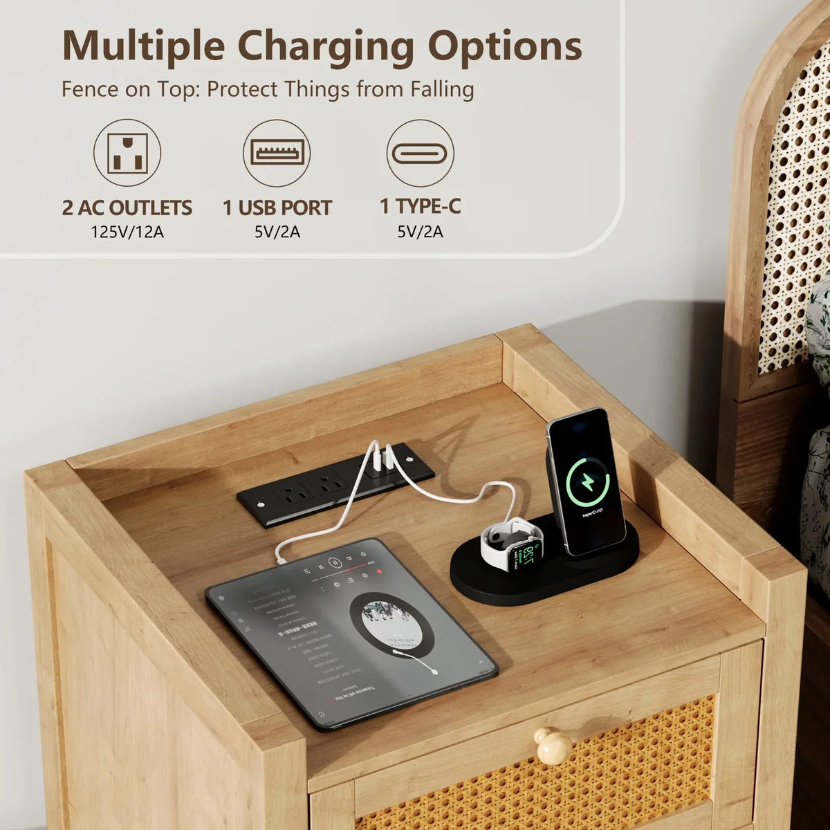 2026 NewLGHM Nightstand Set of 2 with Charging Station, Farmhouse Bedside Tables Night Stands with Drawer, Boho Side Tables for Bedroom, Living Room, Oak