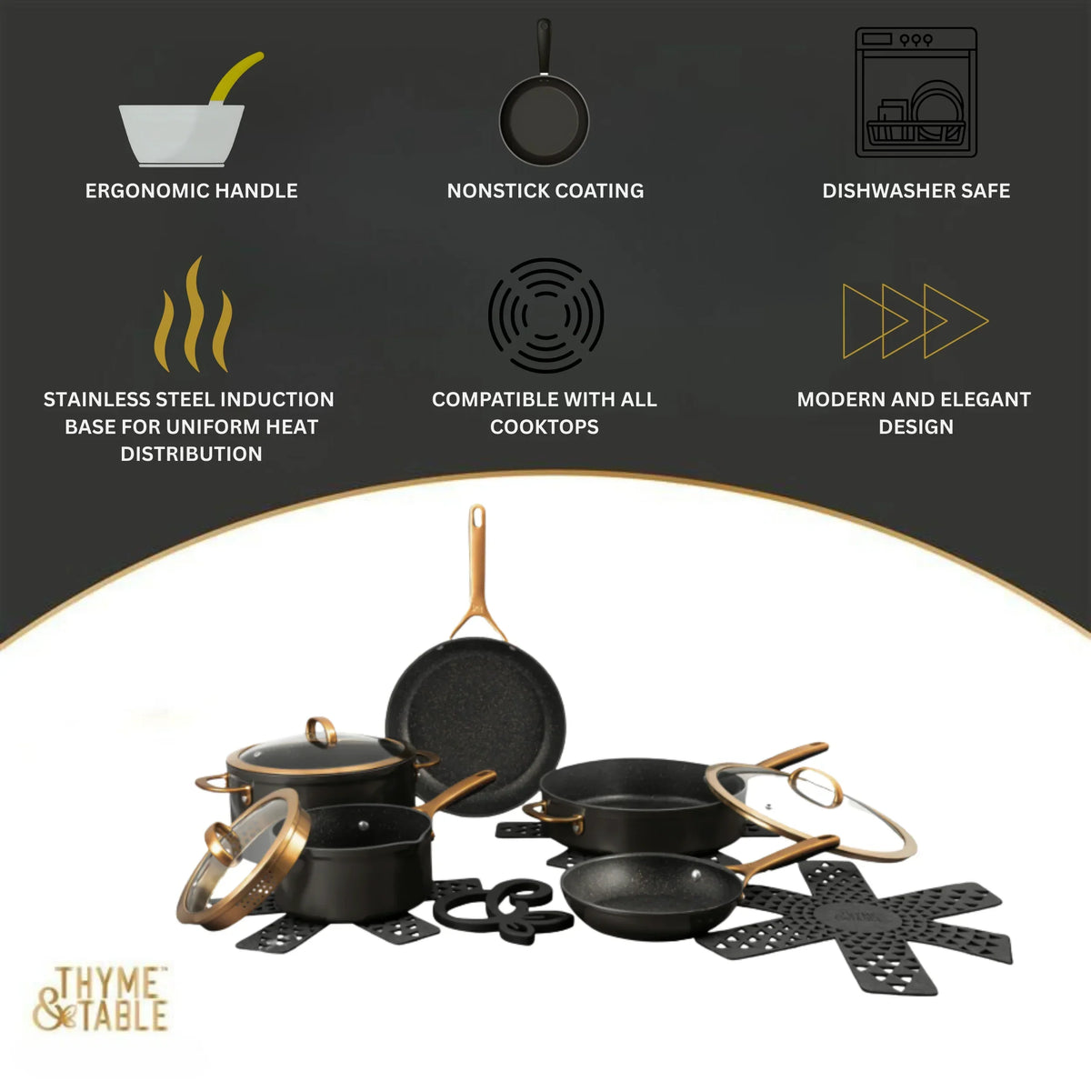 2026 NewThyme & Table Supreme 12-Piece Non-Stick Cookware Set, Pots and Pans Set- Bronze