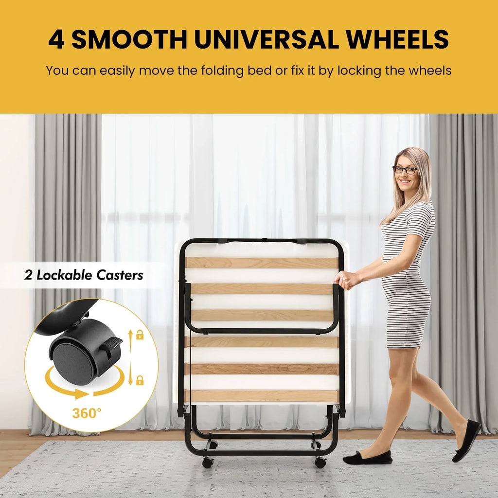 2026 NewGymax Portable Foldable Guest Bed w/ Solid Wood Slats & Metal Frame Rollaway Bed for Adults w/ Wheel