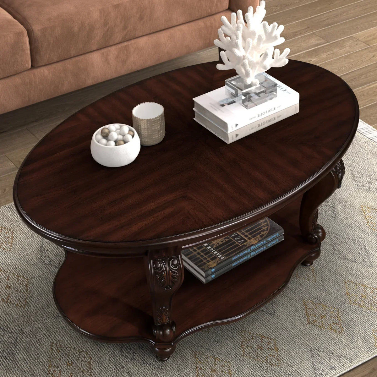 2026 New42" Oval Coffee Table with Storage Shelf, 2-Tier Solid Wood Cocktail Tea Table, Traditional Retro Center Table for Living Room, Bearing 400LBS, Cherry