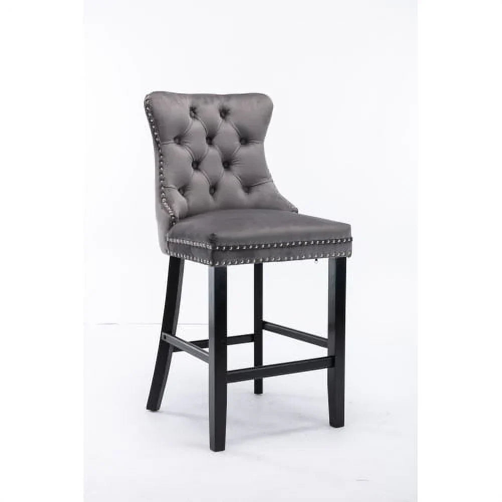 2026 NewVelvet Bar Stools Set of 2, Upholstered Counter Height Bar Chair with Rivet and Button Trim, Bar Stool with Back and Footrest, for Dining Room, Kitchen, Pub, Gray