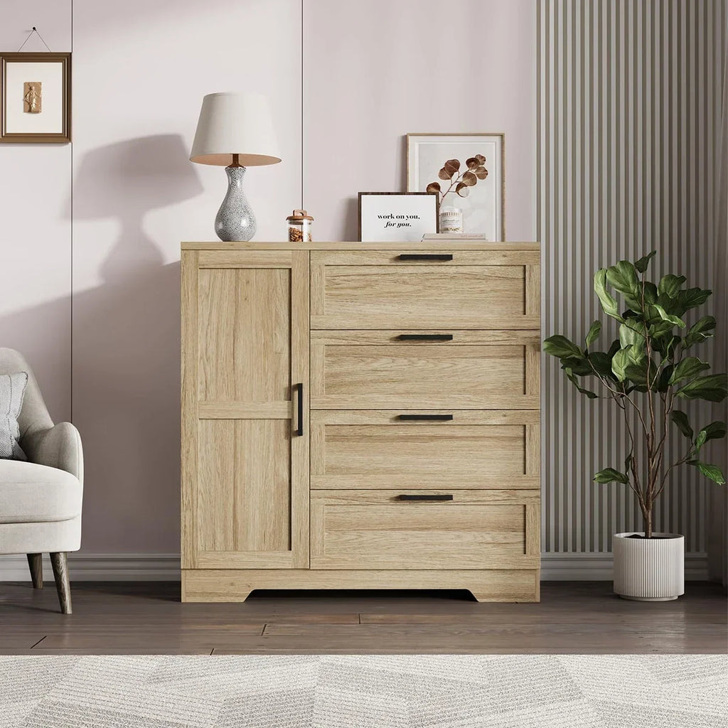2026 NewAtaucjin Wood Armoire Wardrobe Closet with 4 Drawers and Door, 43.3" H Bedroom Wardrobe Cabinet with Hanging Rod, Clothing Storage Cabinets, 4 Drawers Dresser with Storage Closet