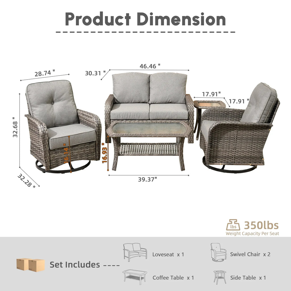 2026 NewOvios 5 Pieces Outdoor Patio Furniture Set High Back All Weather Wicker Conversation Set with Swivel Chairs & Coffee Table, Dark Gray