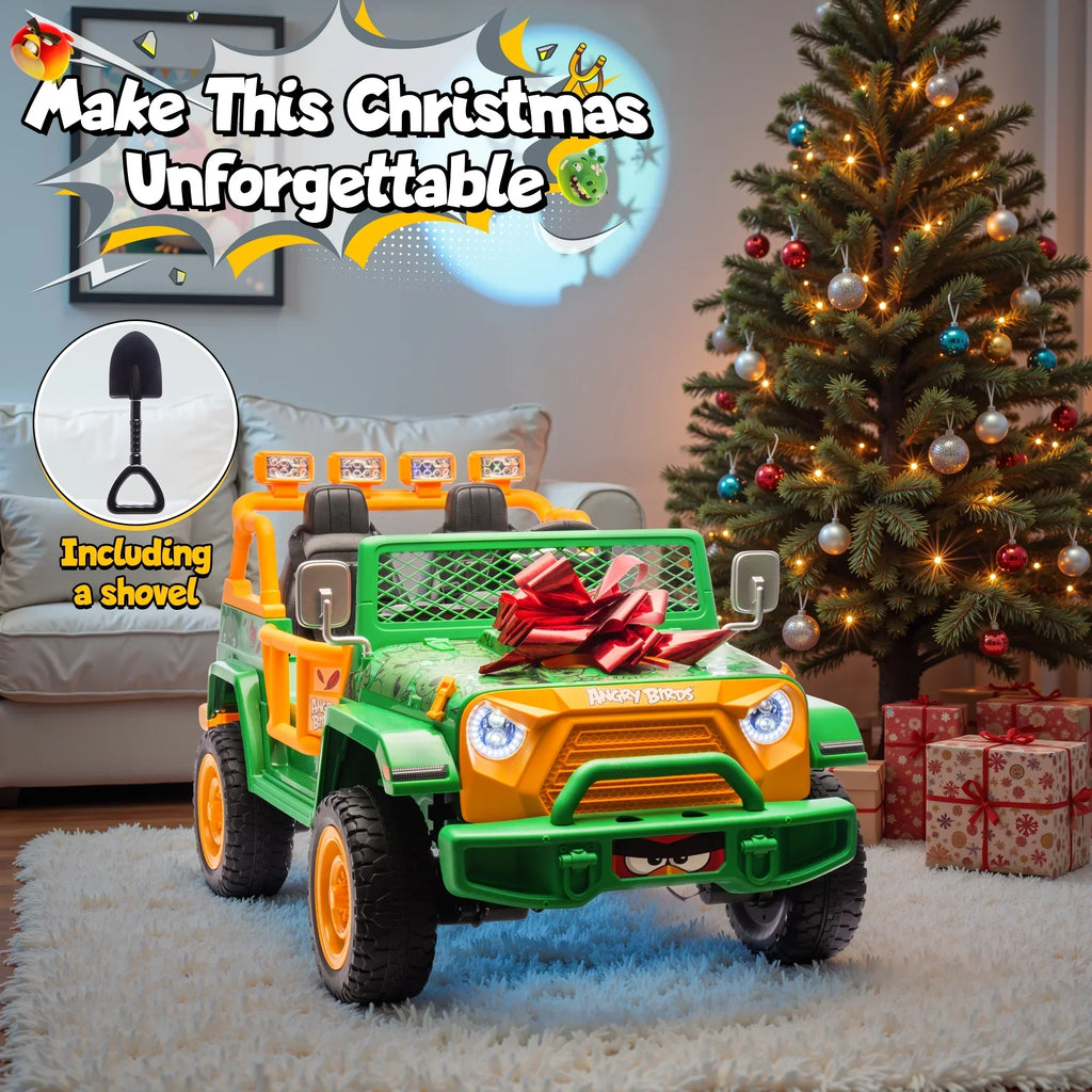 2026 NewJoyracer 24 Volt Ride on Toys for Big Kids, Licensed Angry Birds Ride on Truck with Remote, 2 Seater 4WD Electric Ride ons with Shovel, Bluetooth, Lights, Power Car Wheels for 3-8, 130lbs, Green