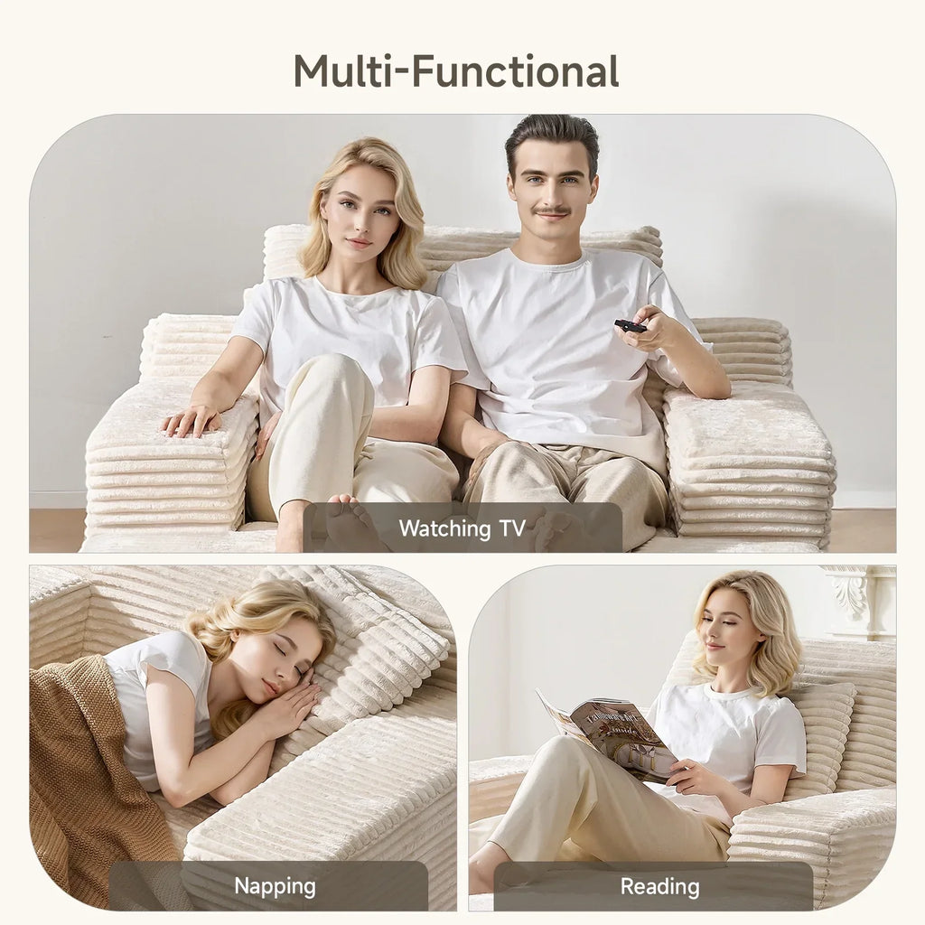 2026 New65" Corduroy Cloud Sleeper Chaise Lounge Chair, No Assembly Sofa Bed with Pillows, Beige