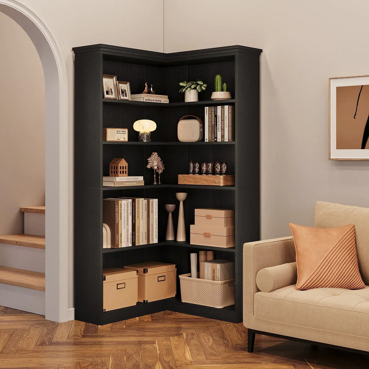 2026 NewEuKer 5 Tier Corner Bookcase, L-Shaped Bookshelf with Large Storage Capacity for Living Room, Bedroom, Office (Half Panel, Retro Brown)