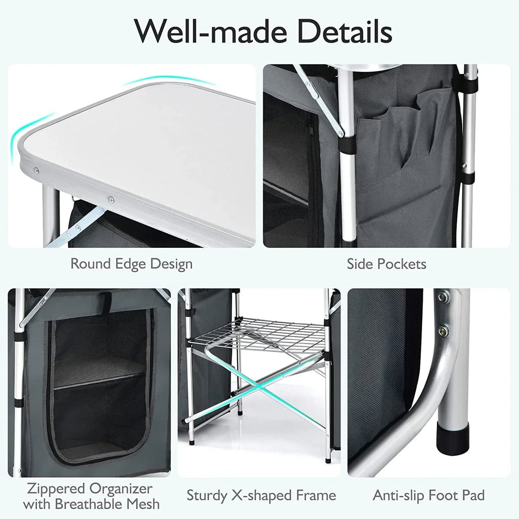 2026 NewCamping Kitchen Table with Storage, Aluminum Portable Outdoor Cooking Table with Windscreen, Foldable Camp Table Cook Station for BBQ, Grill, Party, Picnics