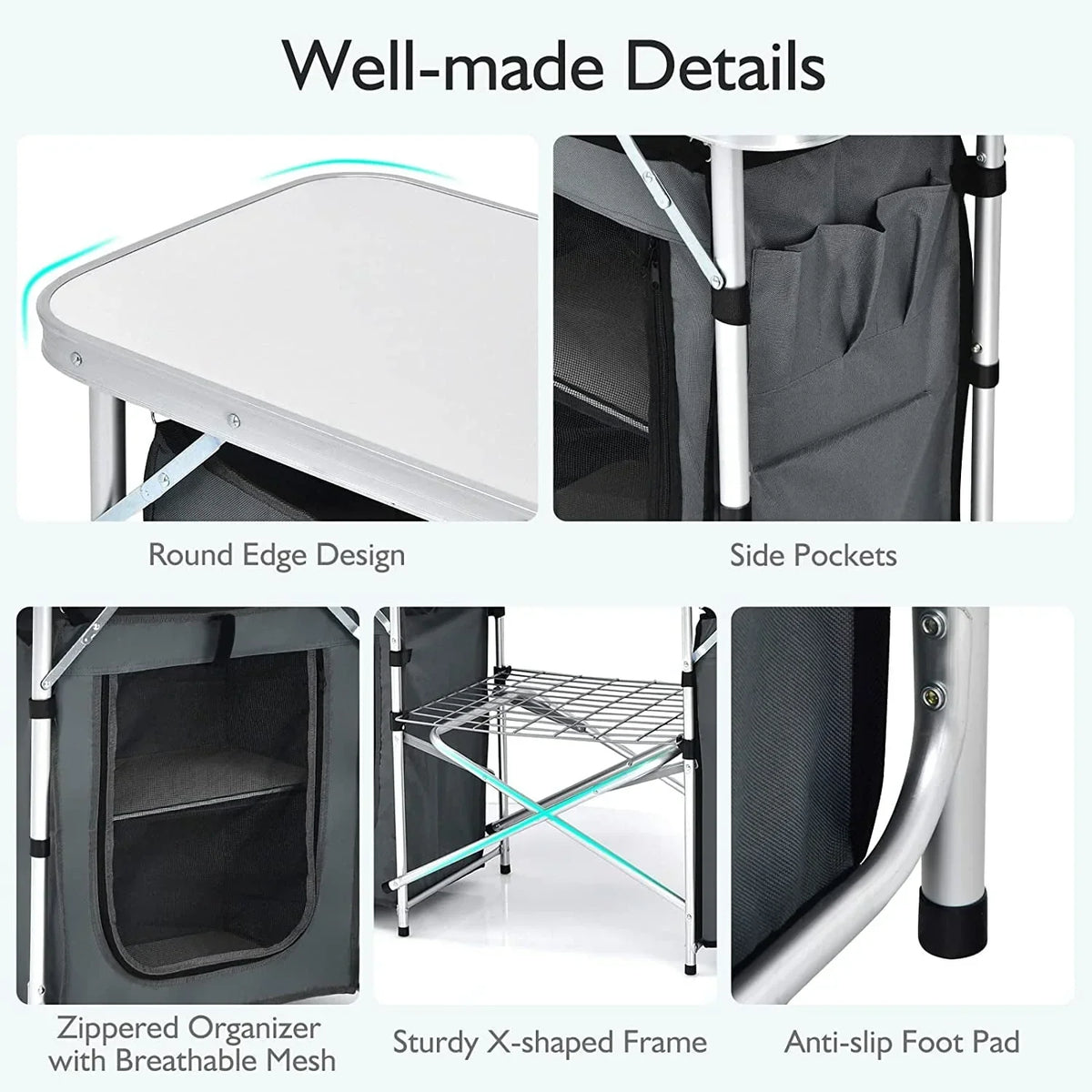 2026 NewCamping Kitchen Table with Storage, Aluminum Portable Outdoor Cooking Table with Windscreen, Foldable Camp Table Cook Station for BBQ, Grill, Party, Picnics