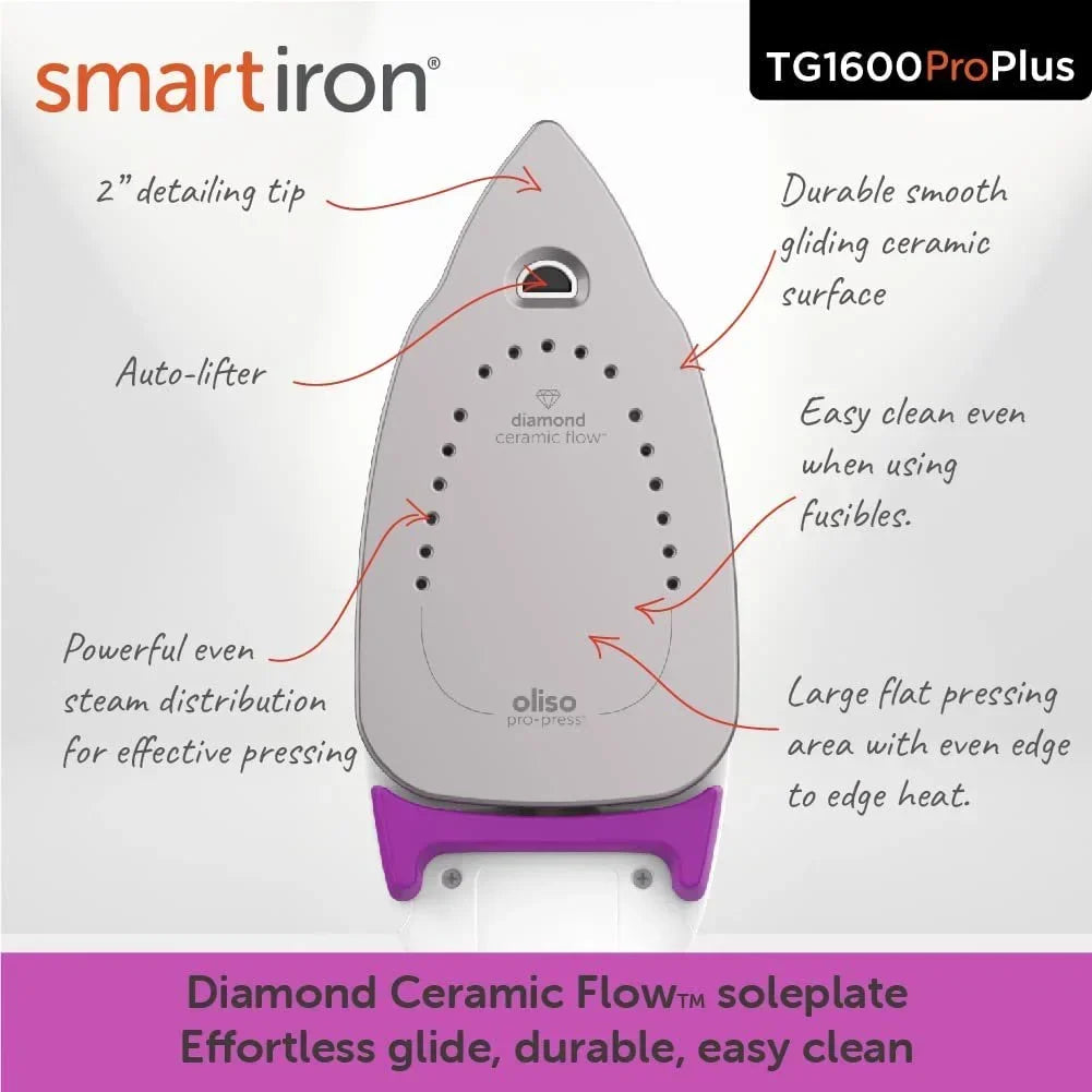 2026 NewOliso TG1600 Pro Plus 1800 Watt SmartIron with Auto Lift - for Clothes, Sewing, Quilting and Crafting Ironing | Diamond Ceramic-Flow Soleplate Steam Iron, Yellow