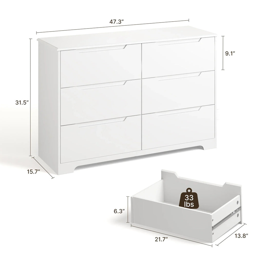 2026 NewDresser for Bedroom, Lofka 6 Drawer Double Dresser with Cutout Handles, Large Storage Capacity, Anti-Tip Safety, Modern Wood Chest of Drawers, Smooth Metal Rail, White