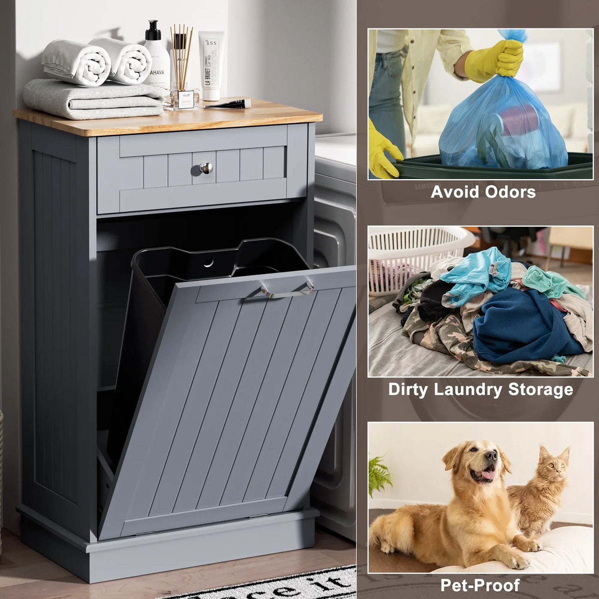 2026 NewHARIPUL Single Tilt Out Trash Cabinet for 13 Gallon Waste Bin, Free Standing Kitchen Trash Can Cabinet with Drawers, White