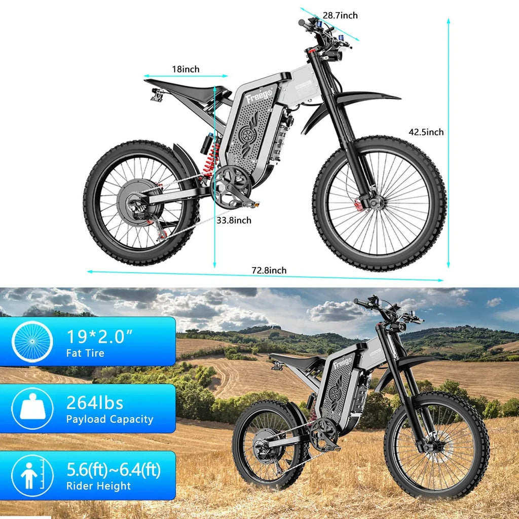 2026 New50MPH Electric Dirt Bicycle Freego X2 Pro,6000W(Peak)Motor Electric Motorcycle, Electric Bike for Adults, 60V30AH Battery, 19x2 Tire Full Suspension Hydraulic Brake Half Throttle UL2849