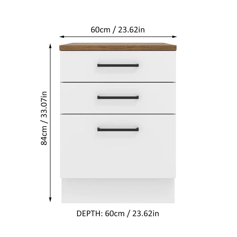 2026 NewMadesa Hazel Kitchen Storage Base Cabinet with 3 Drawers 23 Inch Wide Engineered Wood Painted Finish Floor Mount Removable Plinth - White