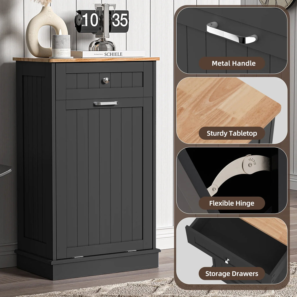2026 NewHARIPUL Single Tilt Out Trash Cabinet for 13 Gallon Waste Bin, Free Standing Kitchen Trash Can Cabinet with Drawers, White