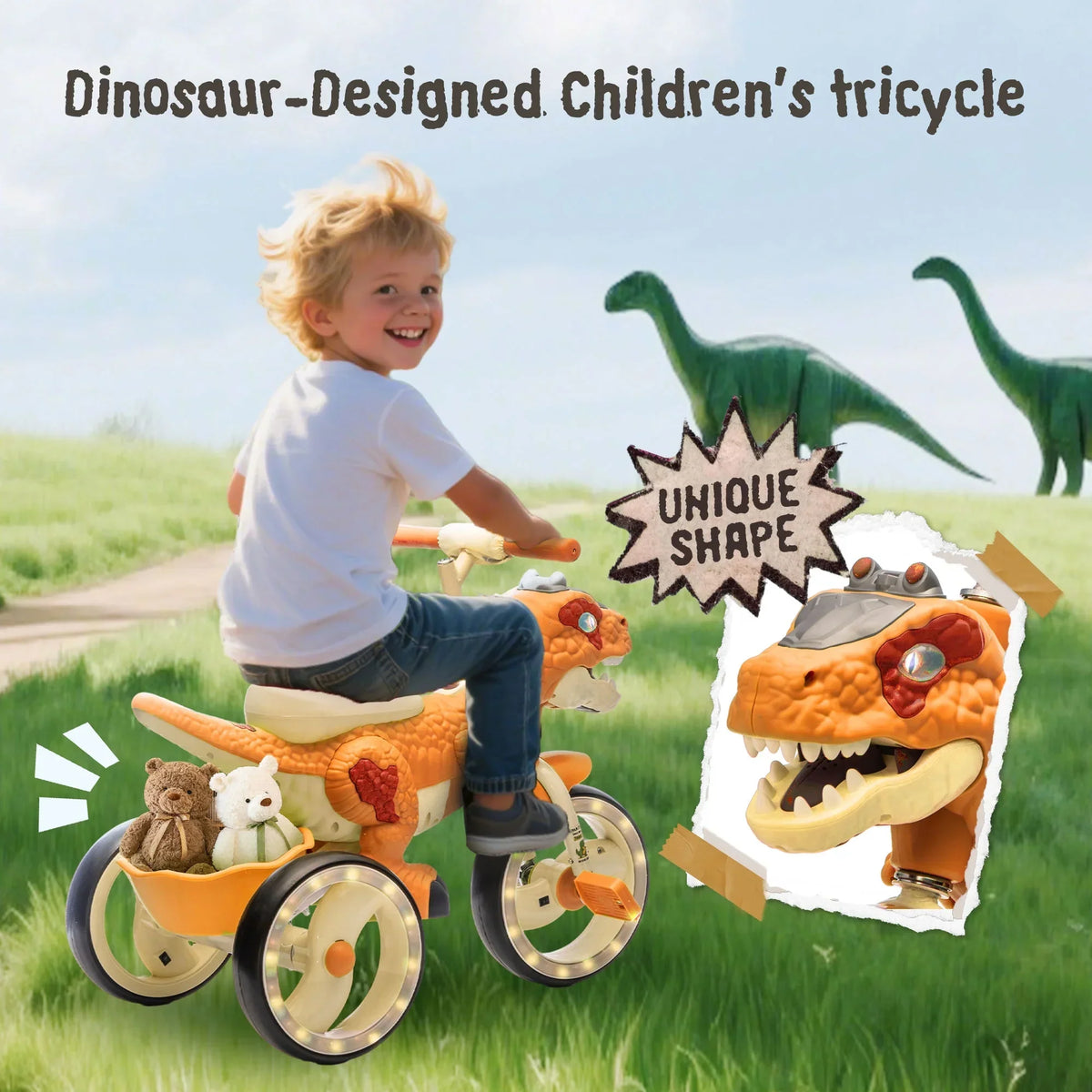 2026 NewXuanlur Kids Ride on Dinosaur Tricycle, Toddlers Kid Trike with Wide Flash Wheels, Anti-Slip Pedals, Rear Basket, Music & LED Lights, Toddler Bike Toys Gift for 3-6 Year Old Boys & Girls (Green)