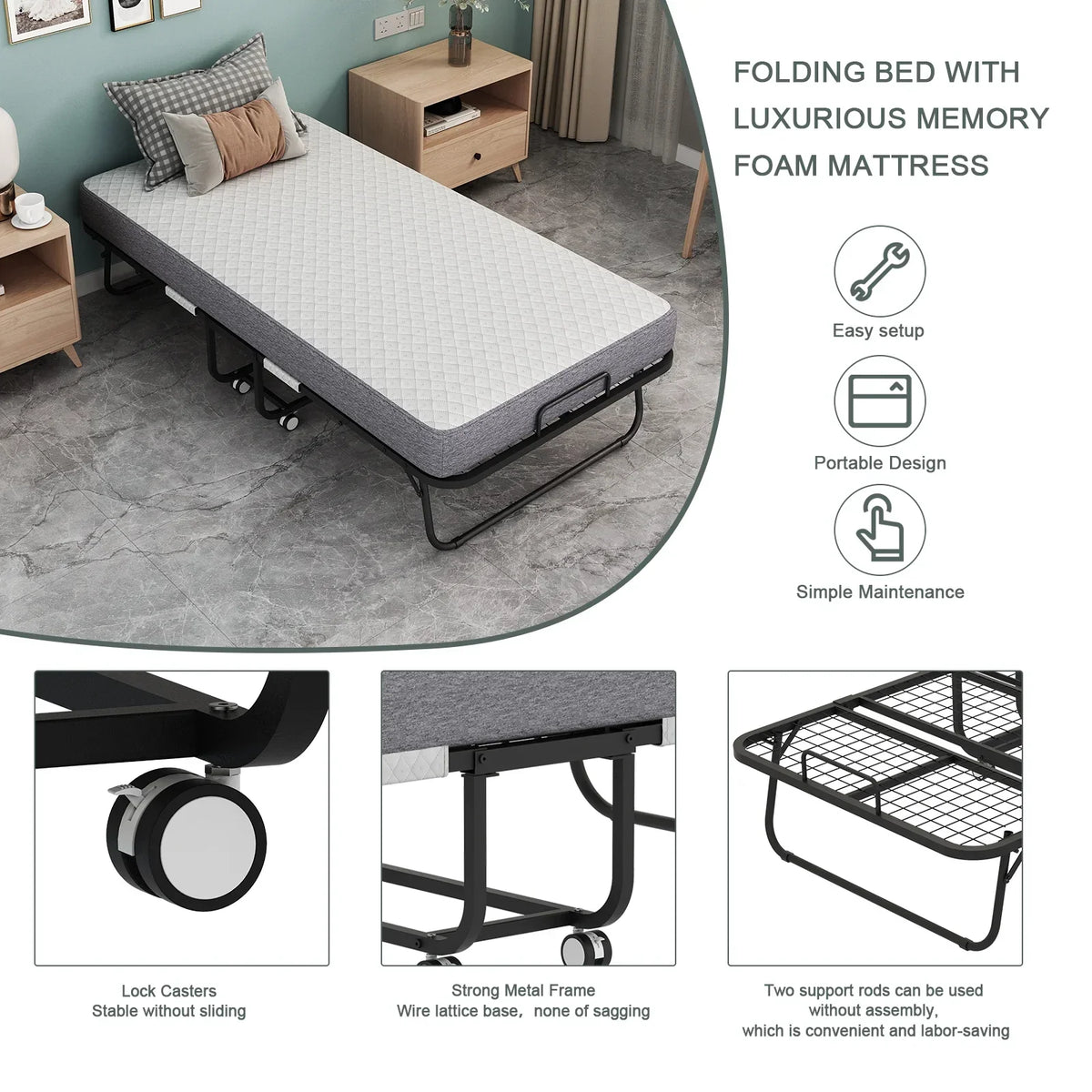 2026 NewFolding Bed with Mattress 75" x 31" Cot Size Folded Bed, Rollaway Guest Bed Portable Foldable Extra Bed for Adults Daybed with 5" Memory Foam Mattress Space-Saving Sturdy Metal Grid Frame