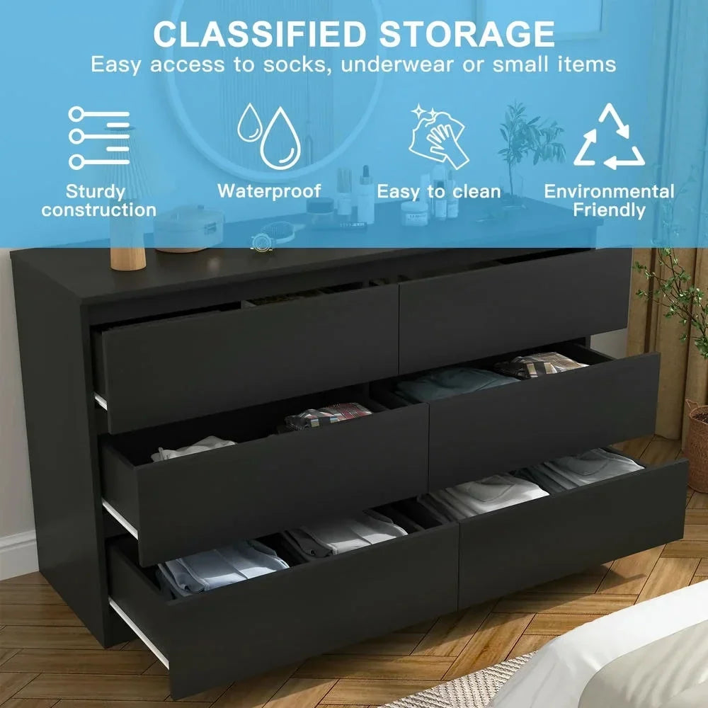 2026 NewKadyn Modern 6 Drawer Dresser Wood Cabinet,Dresser for Bedroom, Kitchen Storage Cabinet with Drawers, Chest of Drawers(Black)
