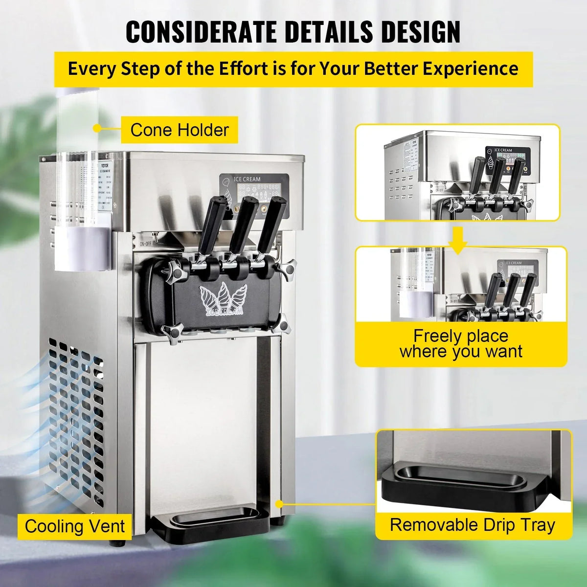 2026 NewSIHAO 1200W Commercial Ice Cream Machine Countertop 18L/H Soft Serve Ice Cream Maker with LED Display