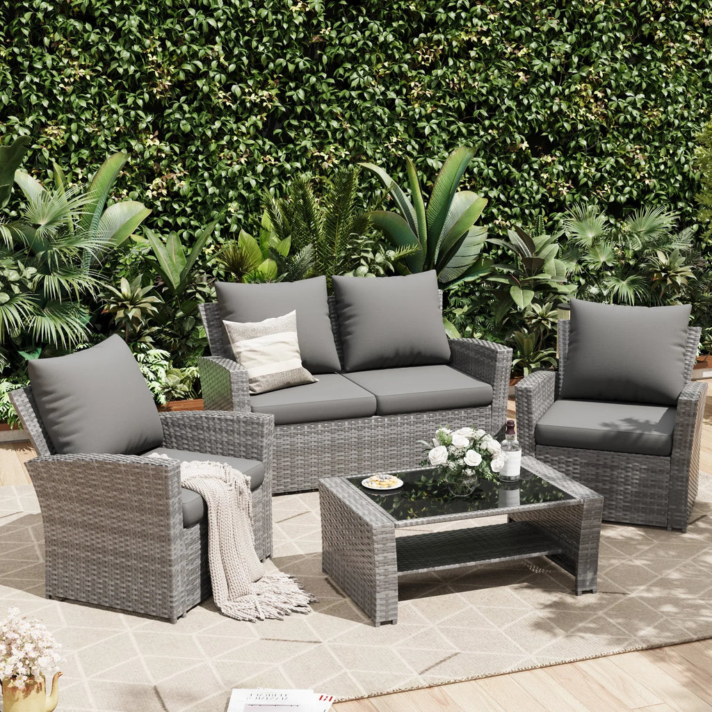 2026 NewUDPATIO Wicker Patio Furniture Set, 4 Piece Outdoor Sectional Conversation Sets, Gray PE Rattan Patio Sofa Set for Balcony, Porch, Backyard, Grey