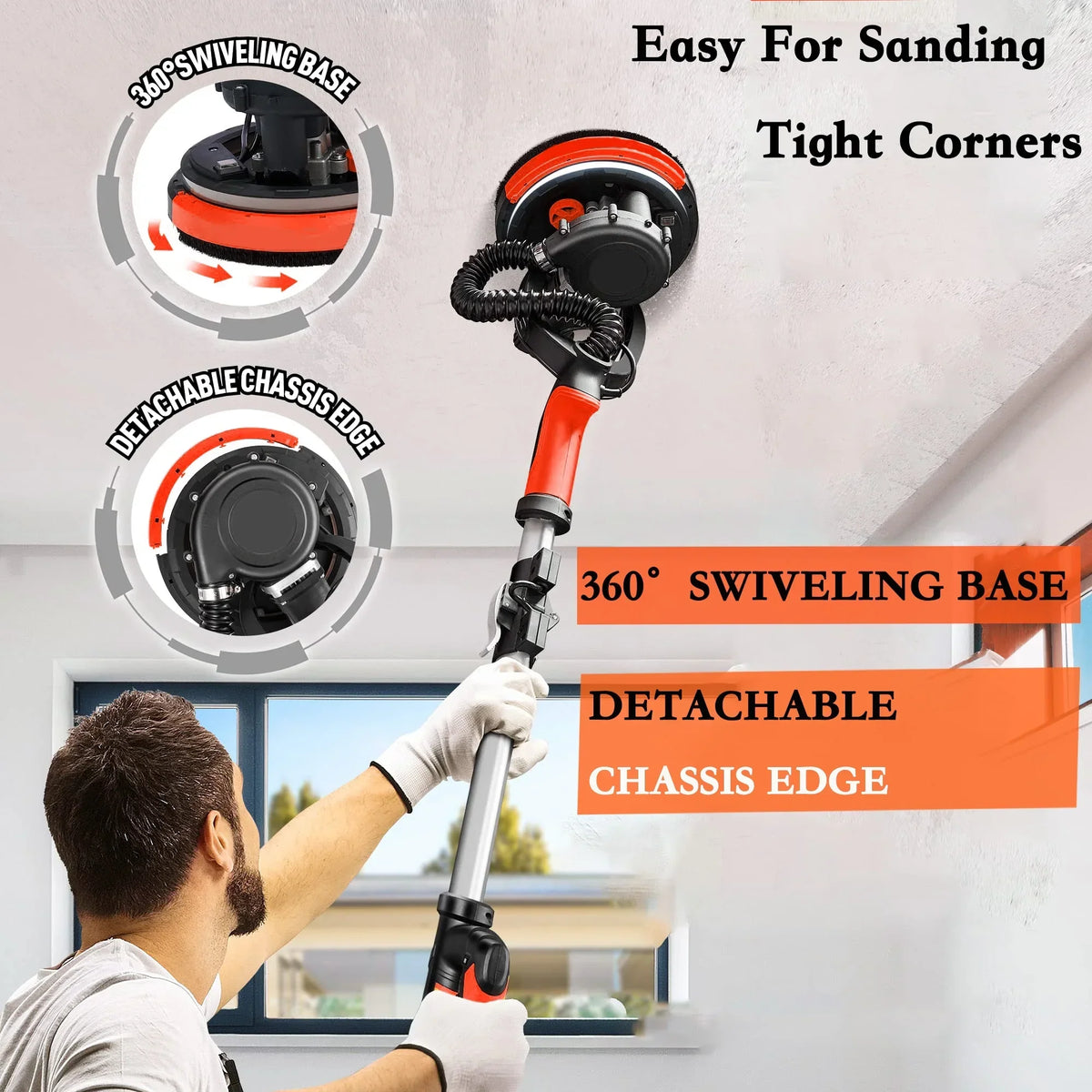 2026 NewPOVANLI 780W Electric Drywall Sander with Vacuum Dust Collection, 6.5A Motor Dustless Floor Sander with Variable Speed 900-1800RPM, LED Light, Extendable & Foldable Handle Yellow+Black