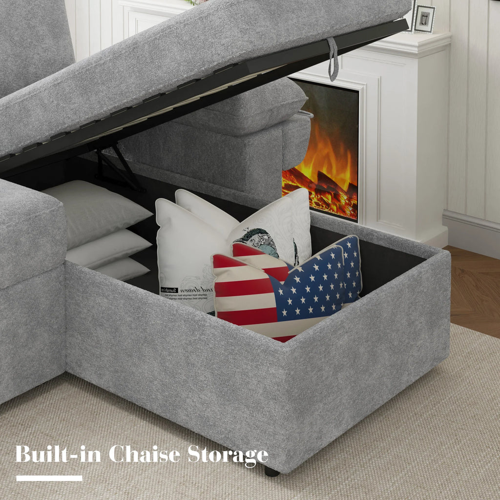 2026 NewVANACC Sofa Bed, Adult Sleeper Sofa with Storage Chaise, Pull Out Couch for Bed Room, Gray Chenille