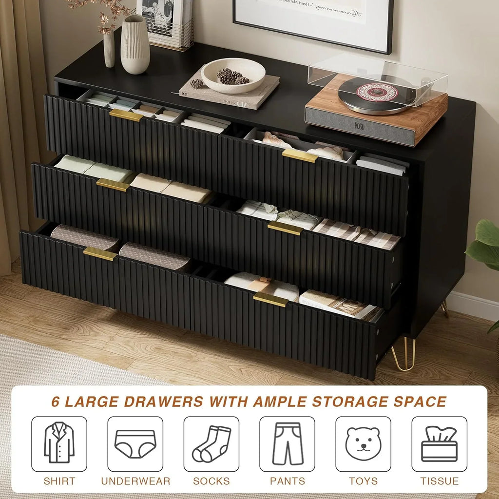 2026 NewFURNIWAY White 6 Drawer Dresser for Bedroom, Modern Dresser with Gold Metal Handles,Fluted Wood TV Stand for Living Room, Hallway