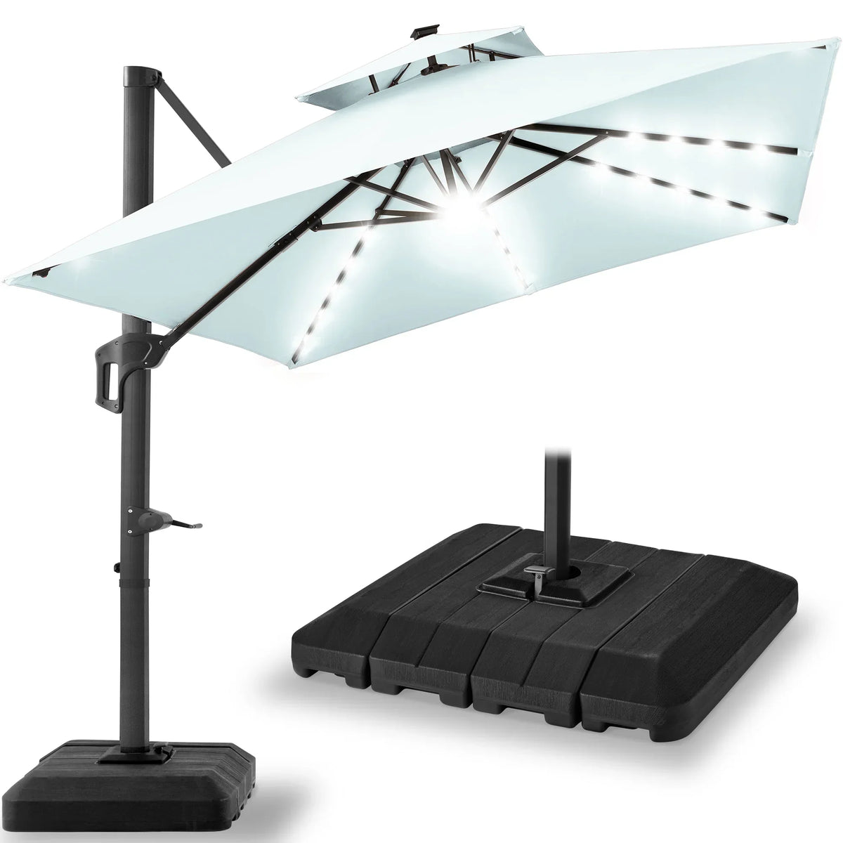 2026 NewBest Choice Products 10x10ft 2-Tier Square Outdoor Solar LED Cantilever Patio Umbrella w/ Base Included - Tan