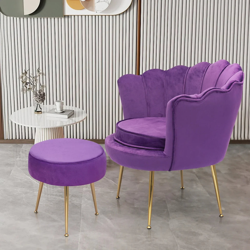 2026 NewMoNiBloom Set of 2 Velvet Tufted Accent Chair with Pillow and Stool, Upholstered Modern Single Sofa Side Chair with Padded Seat and Golden Metal Legs, Living Room Armchair, Black