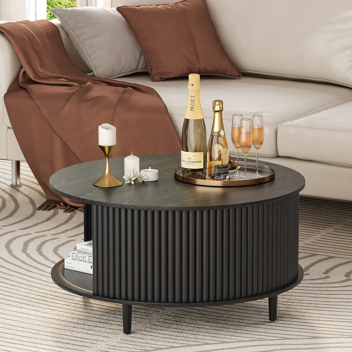2026 NewJOINICE Round Coffee Table with Storage and Sliding Door,Mid Century Modern Wooden Center Table,for Living Room,Walnut
