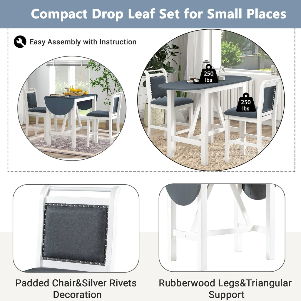2026 NewHarper & Bright Designs 3 Piece Wood Folding Dining Table Set Drop Leaf Table with 2 Padded Counter Height Dining Chairs for Small Place, Brown