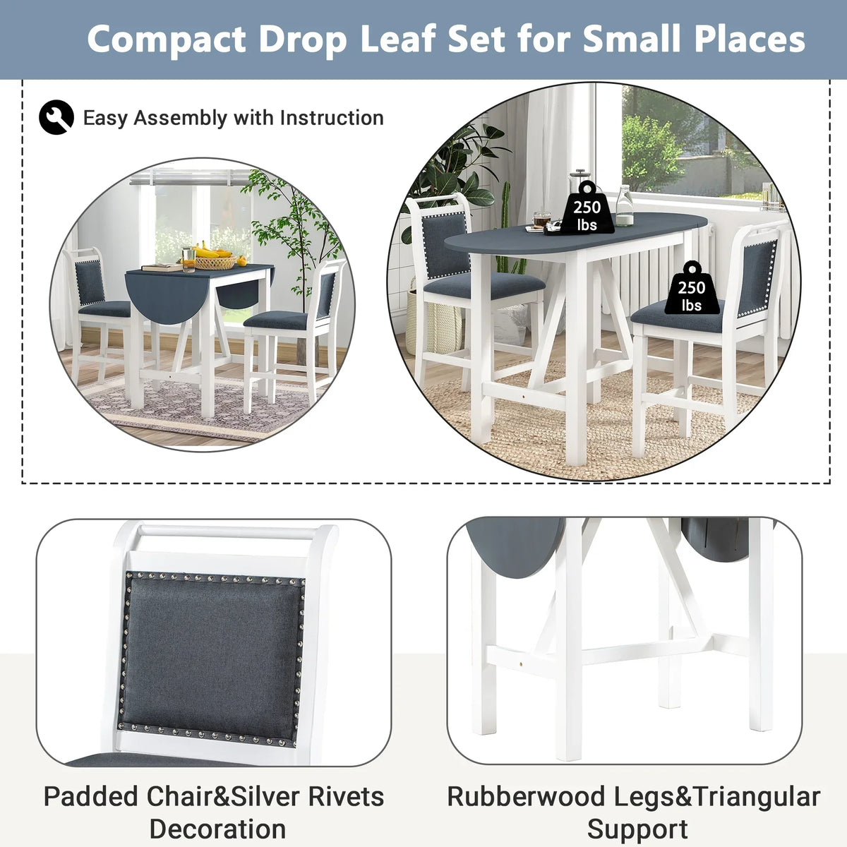 2026 NewHarper & Bright Designs 3 Piece Wood Folding Dining Table Set Drop Leaf Table with 2 Padded Counter Height Dining Chairs for Small Place, Brown