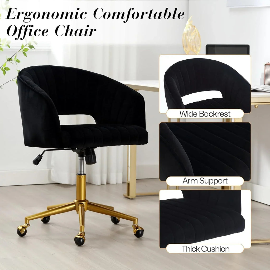 2026 NewHome Office Swivel Desk Chair, Modern Velvet Vanity Chair, Height Adjustable Armchair with Gold Base, Ergonomic Office Chair for Task Study Computer Room, Beige