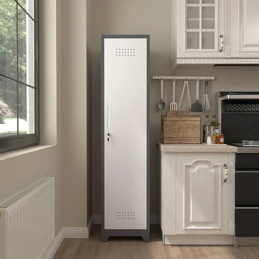 2026 NewMarcree Slim Broom Storage Cabinet, Metal Cabinet with Shelves and Hanging Rod, 65" Utility Storage Cabinet with Locking Door, Tall Cleaning Storage Cabinet for Kitchen, Pantry, Office, Shop, Garage