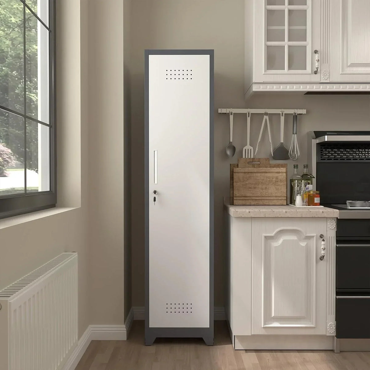 2026 NewMarcree Slim Broom Storage Cabinet, Metal Cabinet with Shelves and Hanging Rod, 65" Utility Storage Cabinet with Locking Door, Tall Cleaning Storage Cabinet for Kitchen, Pantry, Office, Shop, Garage