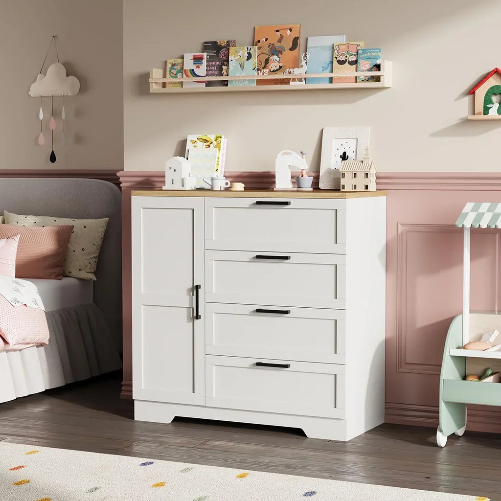 2026 NewAtaucjin Wood Armoire Wardrobe Closet with 4 Drawers and Door, 43.3" H Bedroom Wardrobe Cabinet with Hanging Rod, Clothing Storage Cabinets, 4 Drawers Dresser with Storage Closet