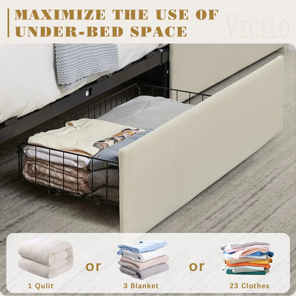 2026 NewVECELO Full Bed Frame with 4 Storage Drawers (Wheeled) and Tufted Upholstered Adjustable Headboard Platform Bed, Beige