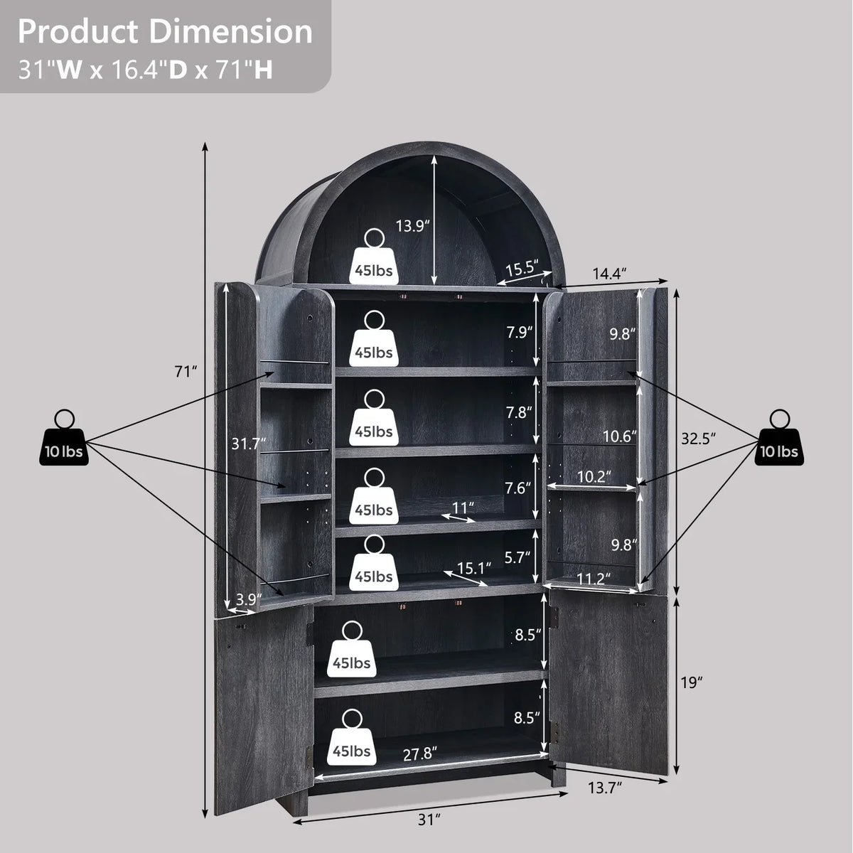 2026 NewIFGET 71" Tall Arched Kitchen Pantry Storage Cabinet, Large Storage Cabinet with Adjustable Shelves, Pantry Cabinet for Kitchen, Dining Room