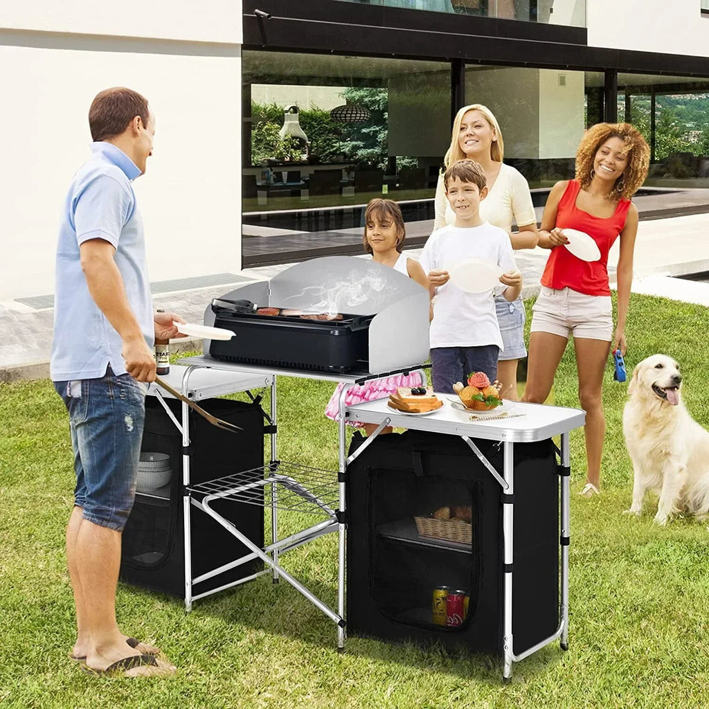 2026 NewCamping Kitchen Table with Storage, Aluminum Portable Outdoor Cooking Table with Windscreen, Foldable Camp Table Cook Station for BBQ, Grill, Party, Picnics