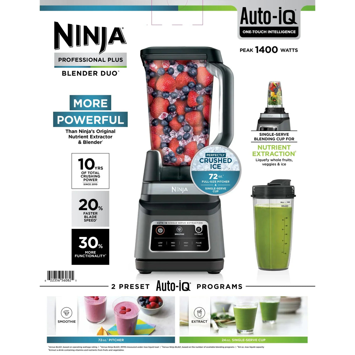 2026 NewNinja Professional Plus DUO Blender, 1400 W, 2 Auto-IQ Programs for Smoothies, Nutrient Extraction, 72 oz* Total Crushing Pitcher & (1) 24 oz To-Go Cup, Black, BN750