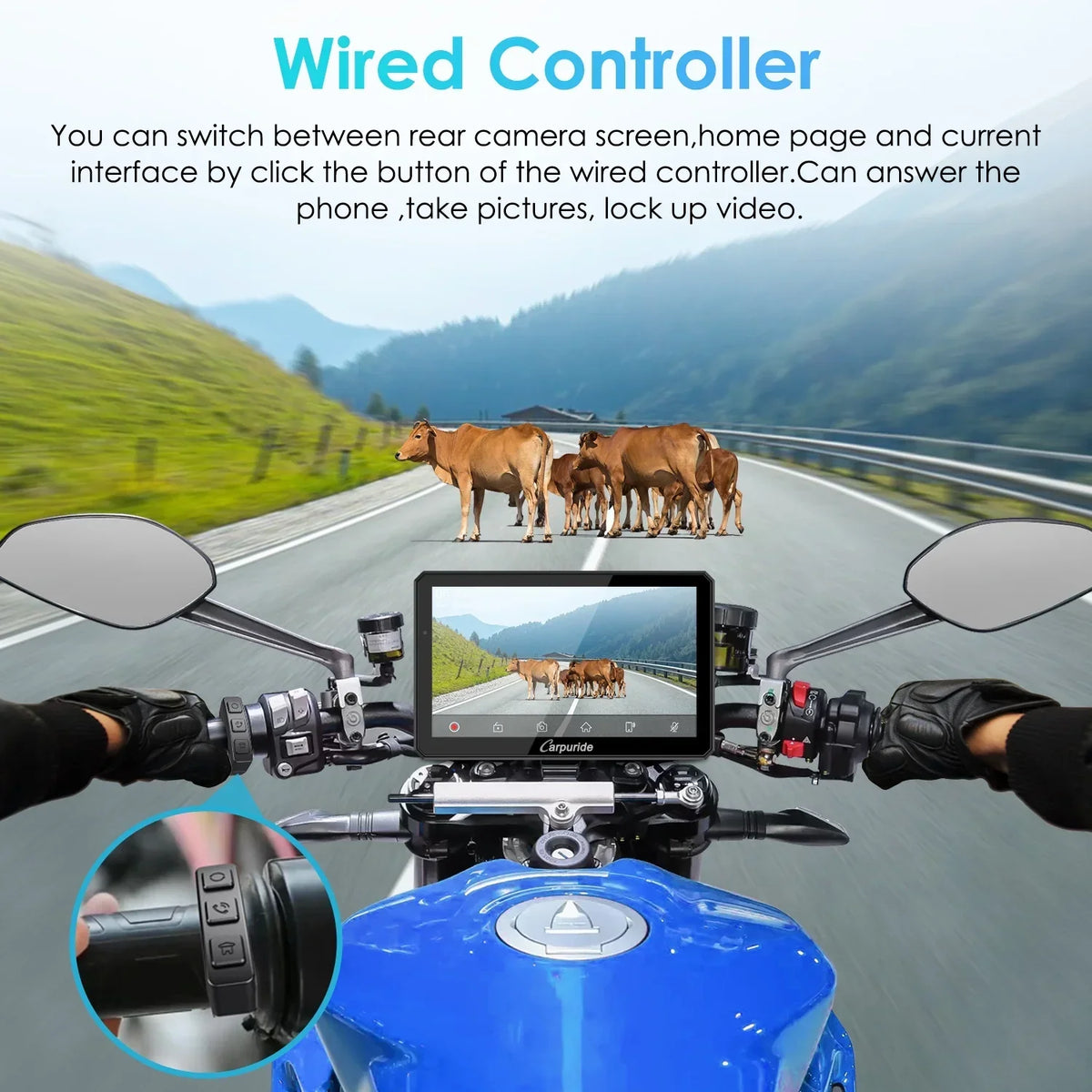 2026 NewCarpuride Motorcycle HD Dual 1080P Dash Cam, Wireless Apple CarPlay & Android Auto Wire Control, Horizontal Vertical Rotation 7" Touch Screen (712D)