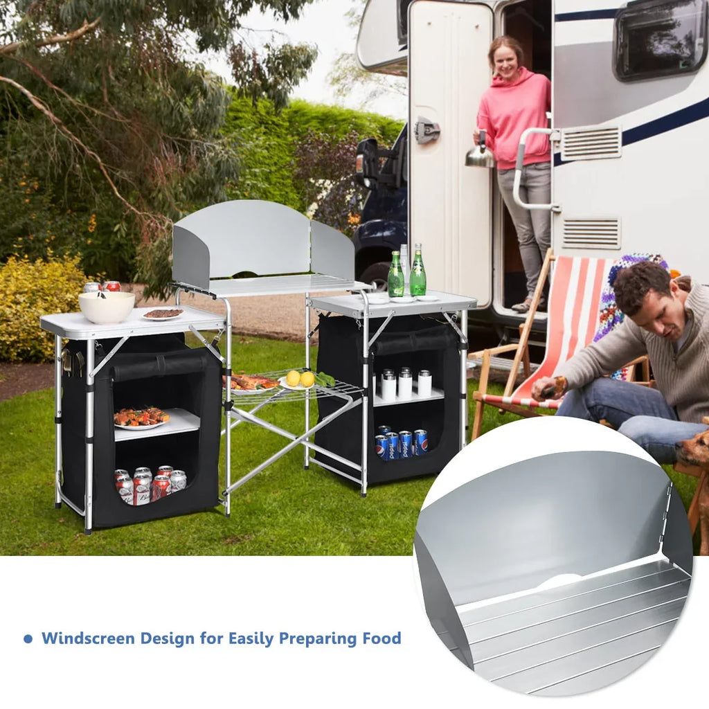 2026 NewGoplus Folding Portable Aluminum Camping Grill Table w/ Storage Organizer Windscreen Black