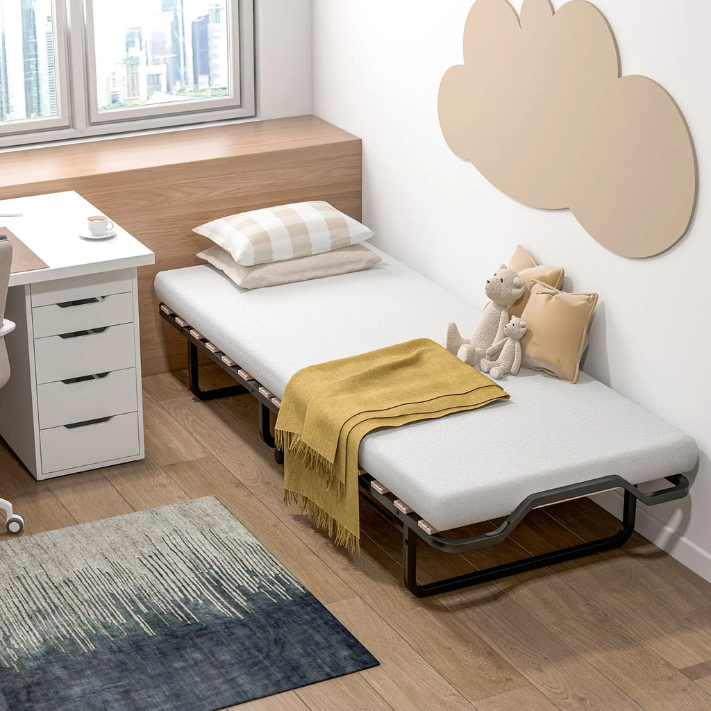 2026 NewGymax Portable Foldable Guest Bed w/ Solid Wood Slats & Metal Frame Rollaway Bed for Adults w/ Wheel