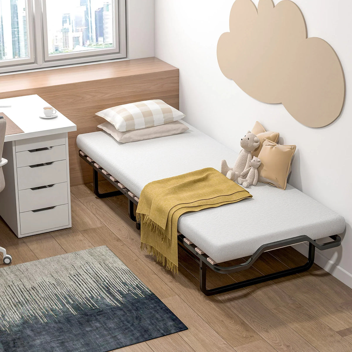 2026 NewGymax Portable Foldable Guest Bed w/ Solid Wood Slats & Metal Frame Rollaway Bed for Adults w/ Wheel