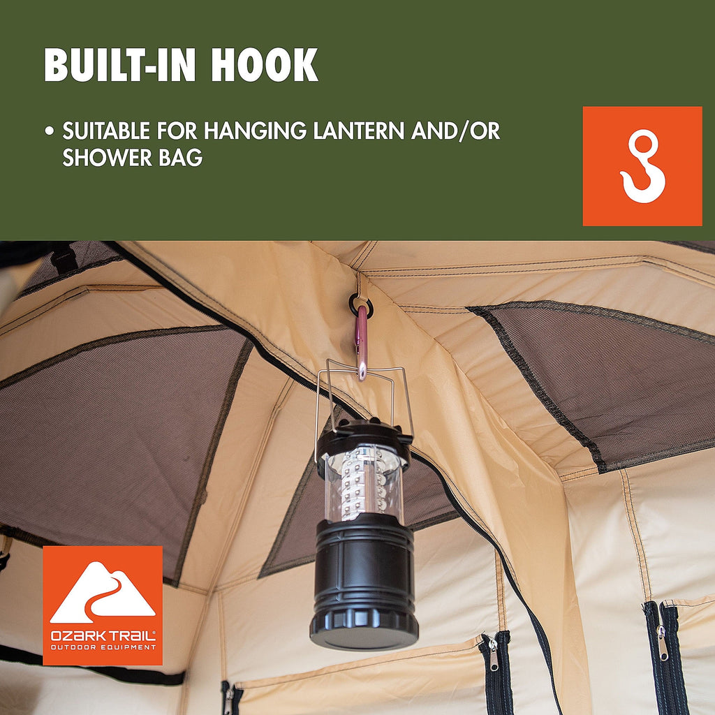 2026 NewOzark Trail 2-Room Shower & Utility Tent Combo Includes 5-Gallon Water Container, Easy Setup, Maximum Occupancy Is 2. Khaki Colour.