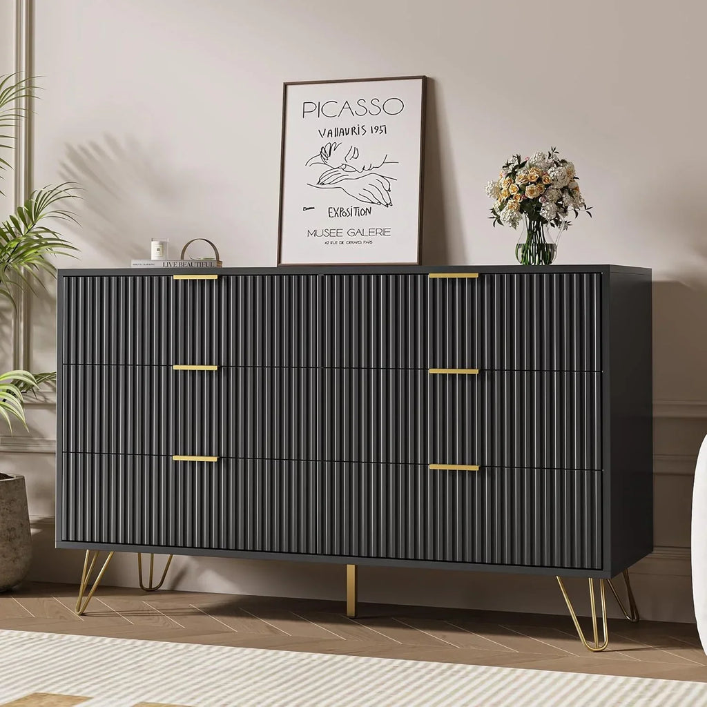 2026 NewFURNIWAY White 6 Drawer Dresser for Bedroom, Modern Dresser with Gold Metal Handles,Fluted Wood TV Stand for Living Room, Hallway