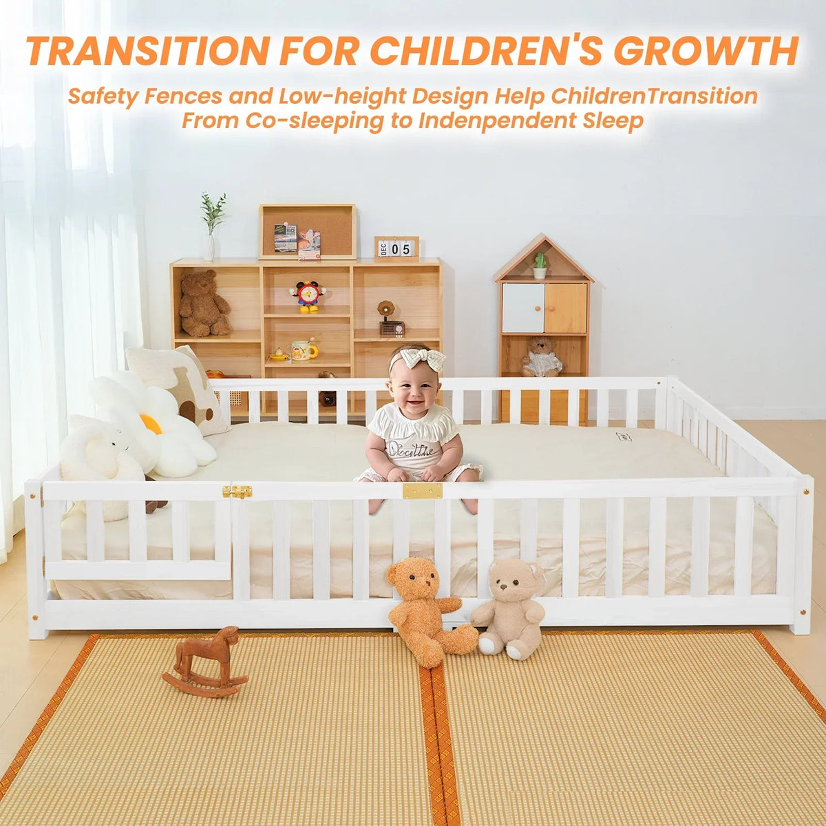 2026 NewSlsy Twin Size Toddler Floor Bed, Solid Wood Montessori Bed Frame with Fence & Door Montessori Floor Bed Crib with Safety Guardrails for Girls and Boys