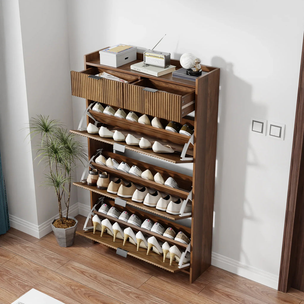 2026 NewShoe Cabinet, Free Standing Tipping Bucket Shoe Rack Organizer with 3 Flip Drawers, Modern Entryway Narrow Shoe Rack with 2 Drawers & Top Storage, for Hallway Bedroom, Walnut