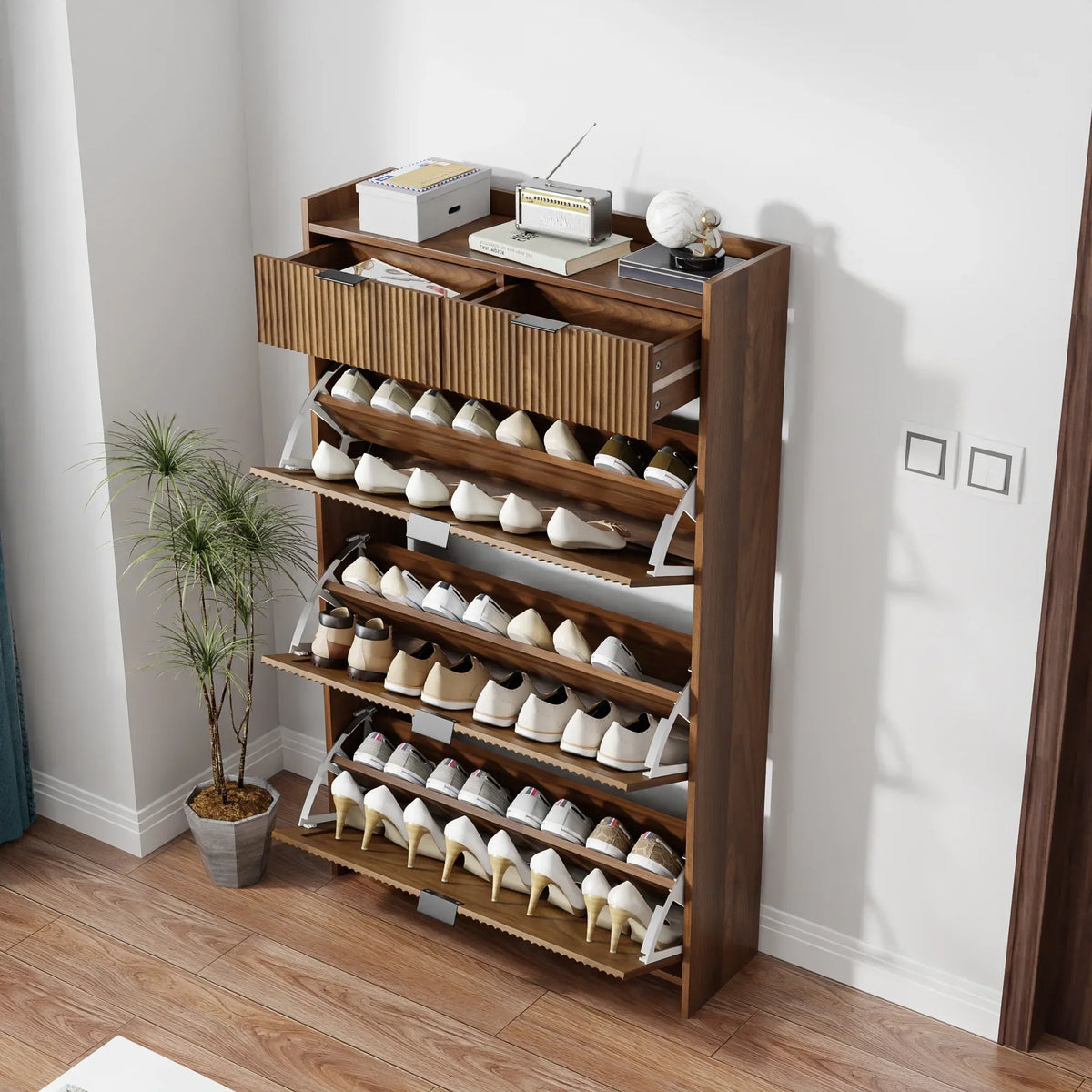 2026 NewShoe Cabinet, Free Standing Tipping Bucket Shoe Rack Organizer with 3 Flip Drawers, Modern Entryway Narrow Shoe Rack with 2 Drawers & Top Storage, for Hallway Bedroom, Walnut